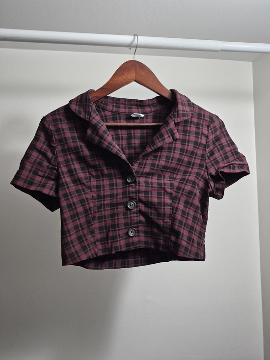Simons Tops - Simons Burgundy and Black Plaid Cropped Button-Up Top